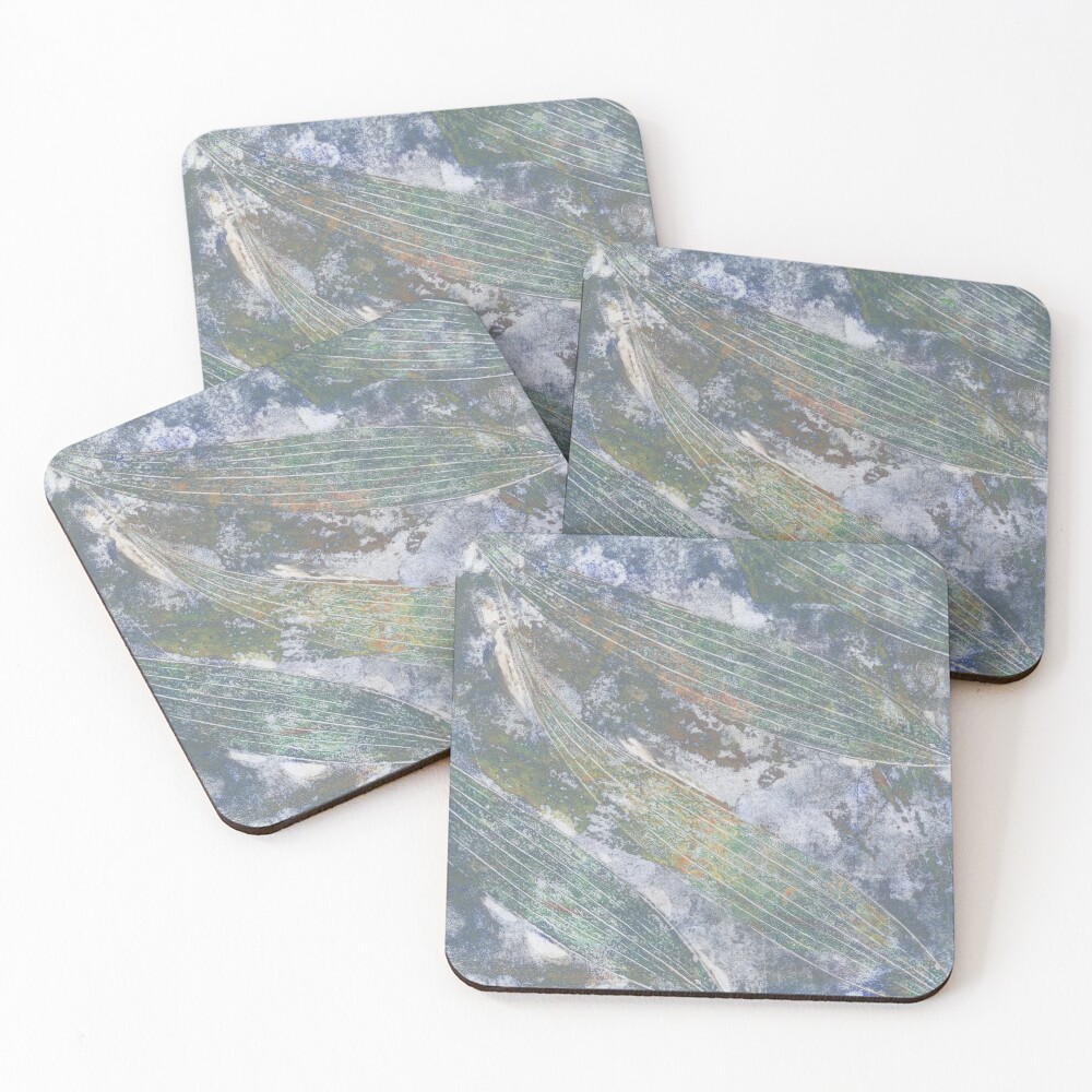 Original 'Hakea Leaves' artwork by Lisa G Hunter, shown on coasters.