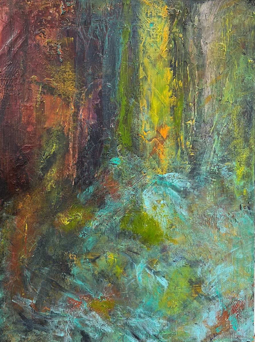 In version 8, the final version of Forest Light, I created a forest, using the textures, dark and light tones and free brush strokes. Most of the layers leave a mark of some description in this forest of light and shade. The mouth/cave ultimately had to go.