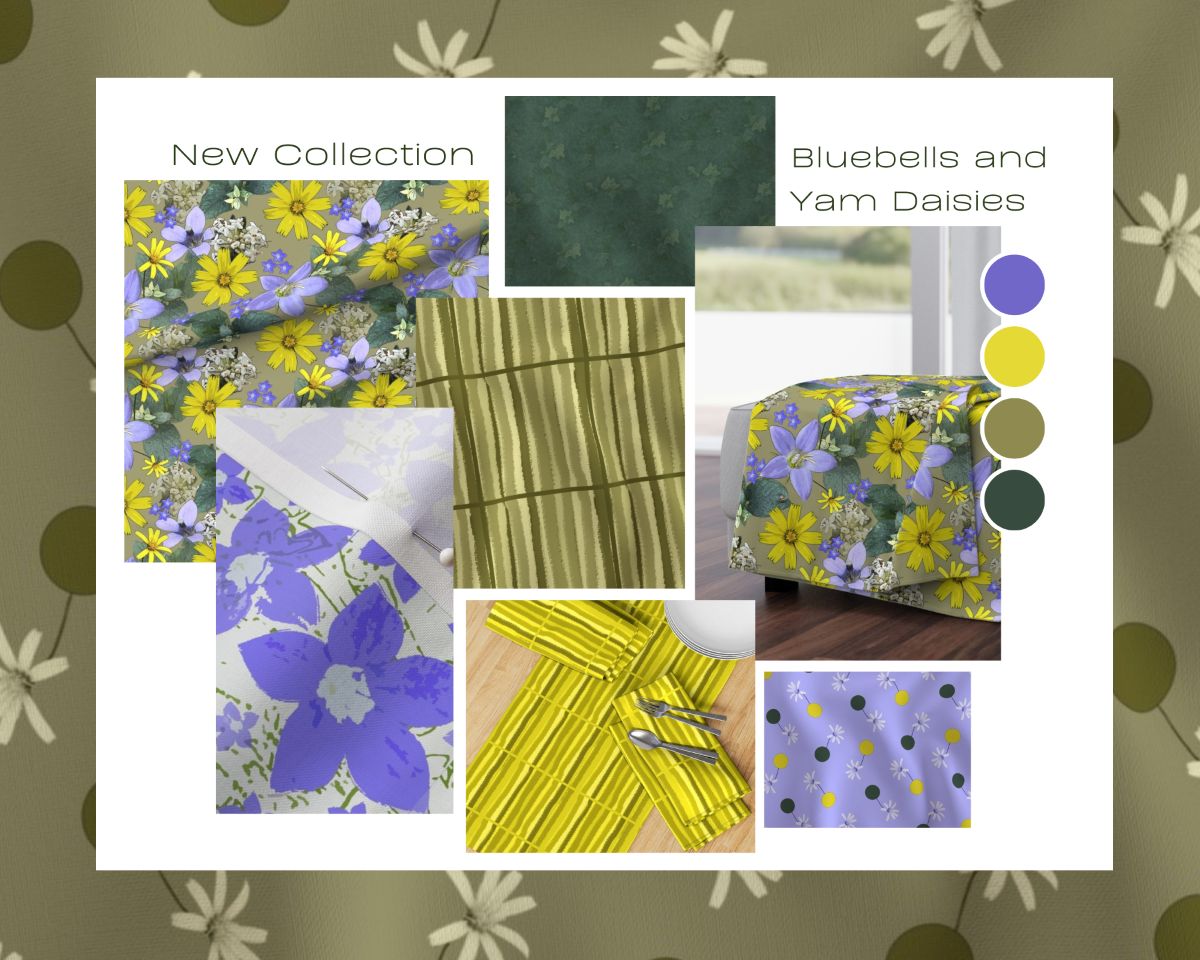 Collage photograph showing some of the fabric designs in the new 'Bluebells and Yam Daisies' fabric collection by Lisa G Hunter